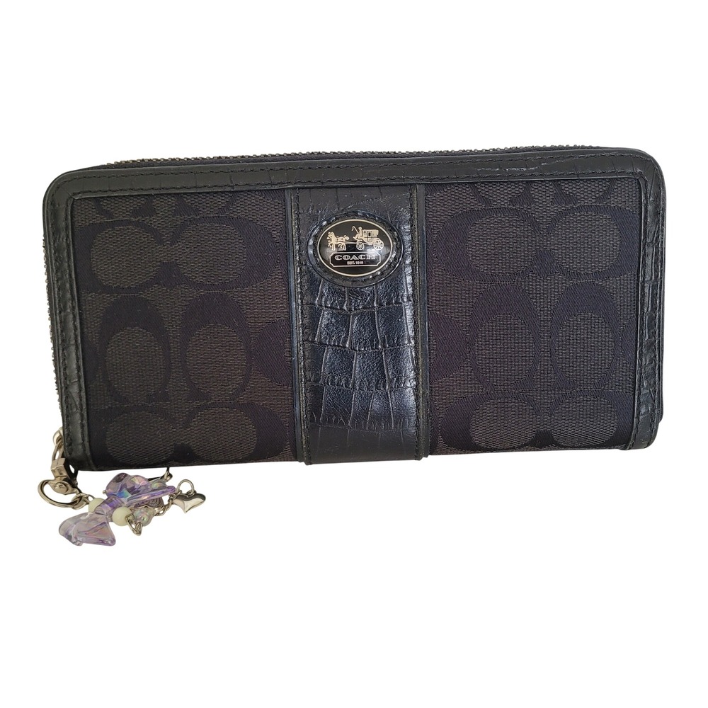 Coach Signature Jacquard Croc Trim Zip Around Wallet Black Canvas Silver Logo